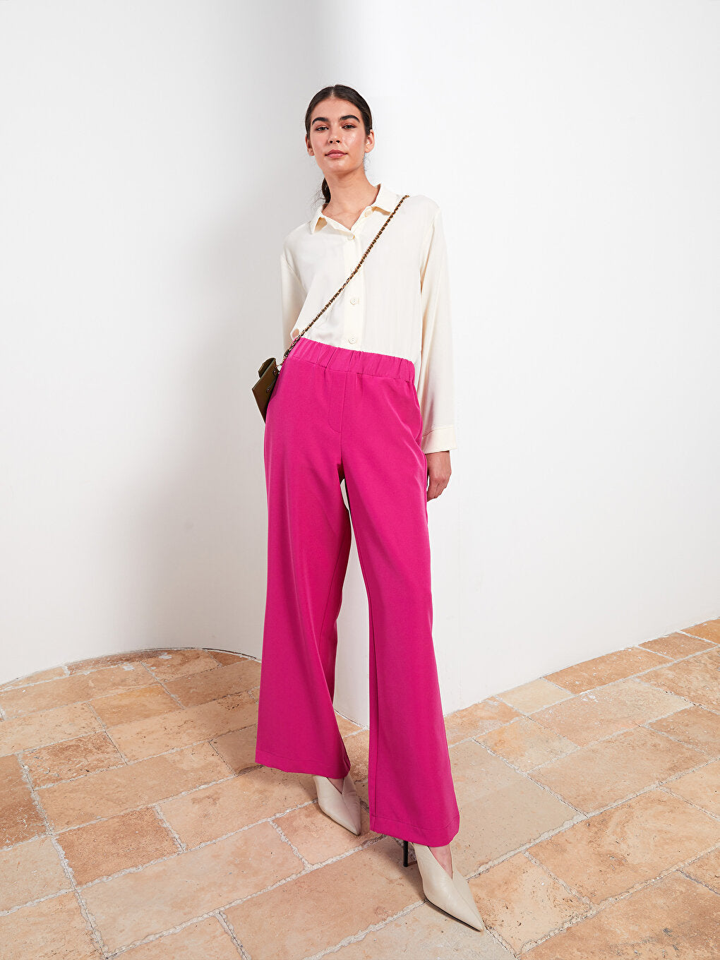 Plain Crepe Women's Trousers with Elastic Waist