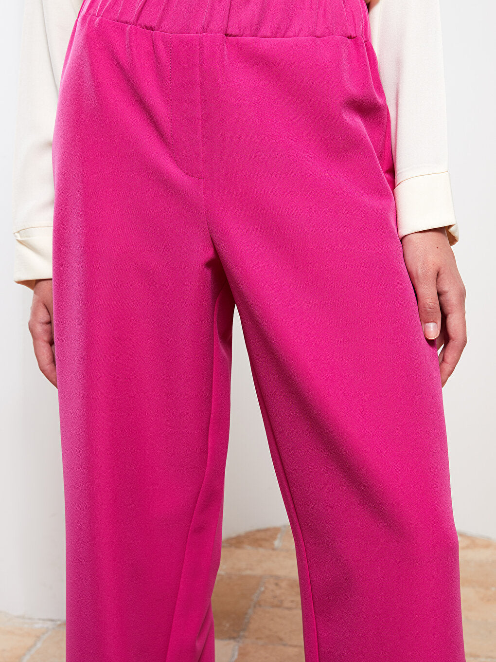 Plain Crepe Women's Trousers with Elastic Waist