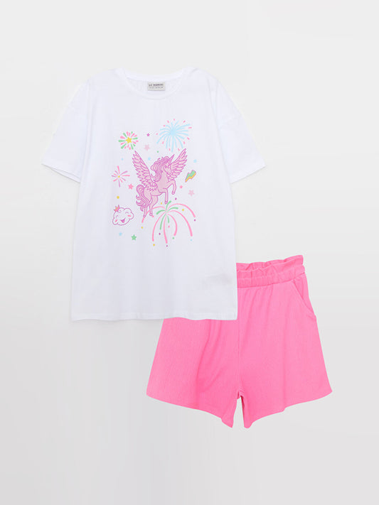 Crew Neck Printed Short Sleeve Girls' T-Shirt and Shorts