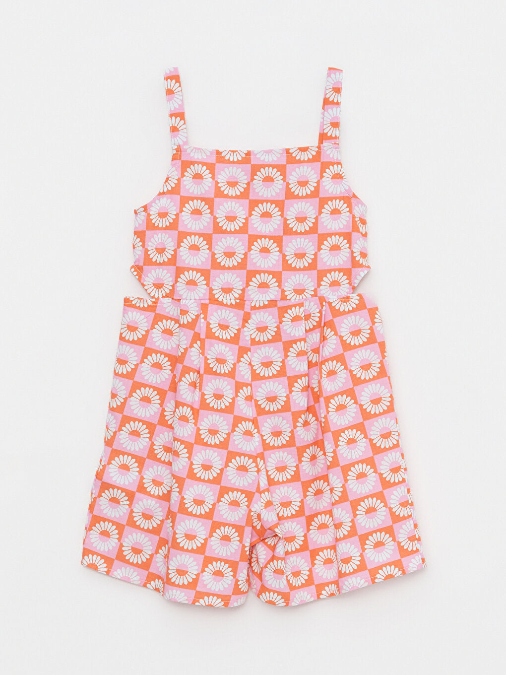 Square Neck Patterned Strappy Poplin Girl's Jumpsuit