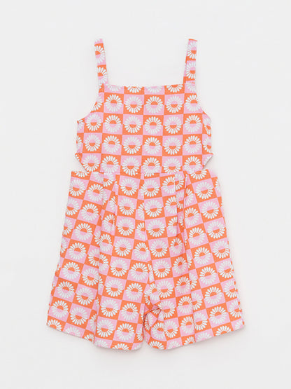 Square Neck Patterned Strappy Poplin Girl's Jumpsuit