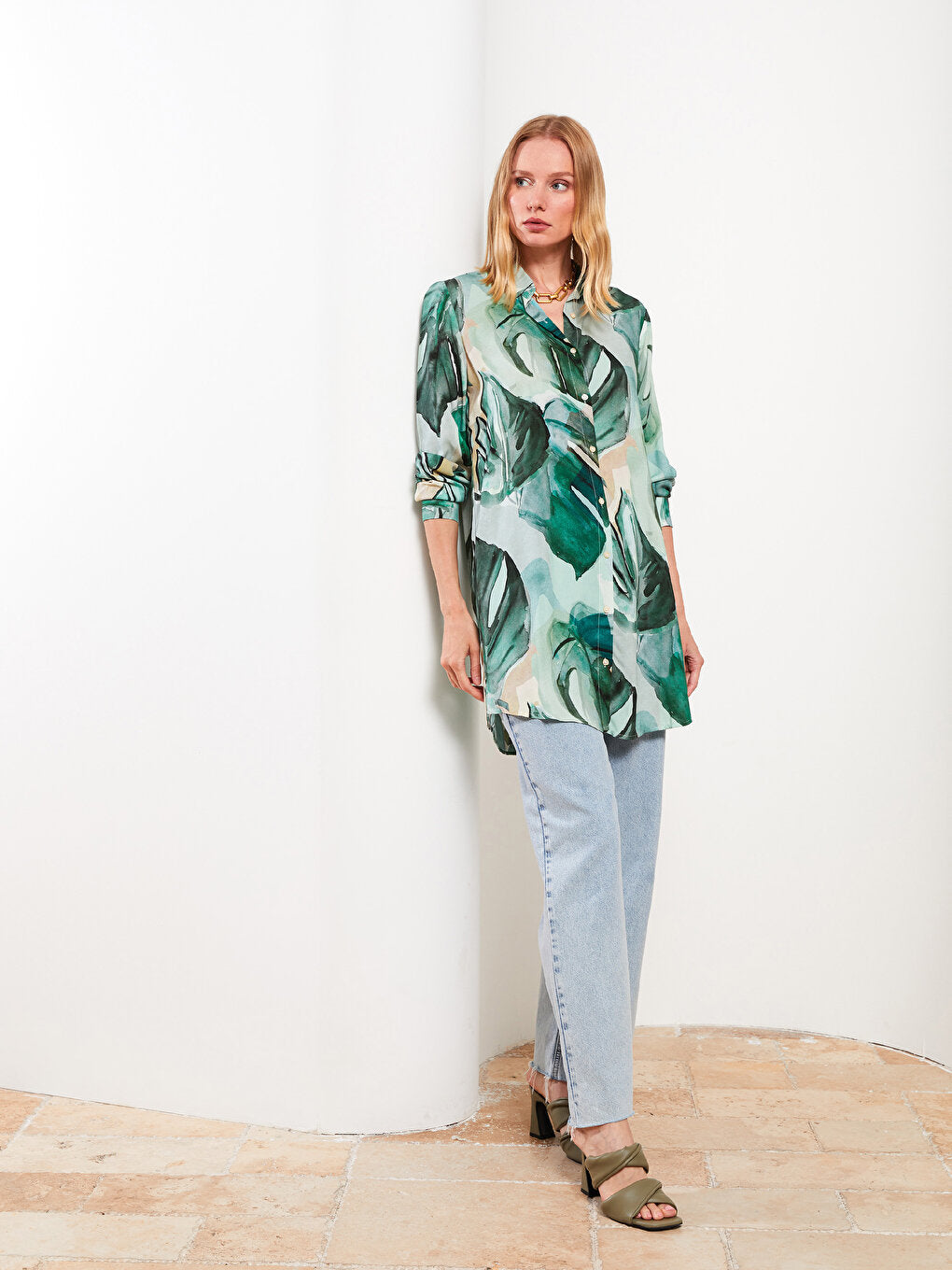 Patterned Long Sleeve Viscose Women's Shirt Tunic