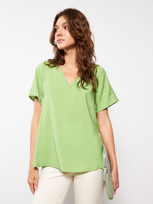 V-Neck Plain Short Sleeve Poplin Women's Blouse