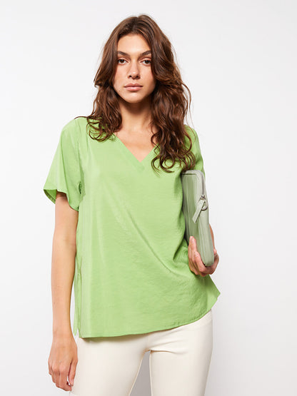 V-Neck Plain Short Sleeve Poplin Women's Blouse