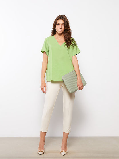 V-Neck Plain Short Sleeve Poplin Women's Blouse