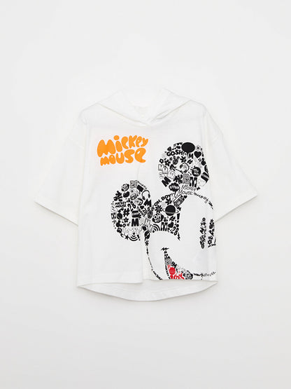 Hooded Mickey Mouse Printed Short Sleeve Girls' T-Shirt and Shorts