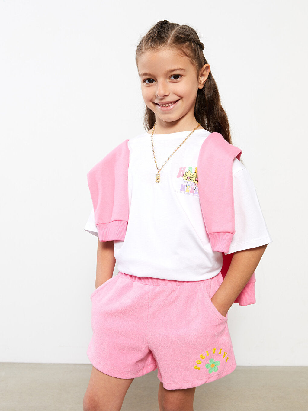 Embroidered Girls' Shorts with Elastic Waist