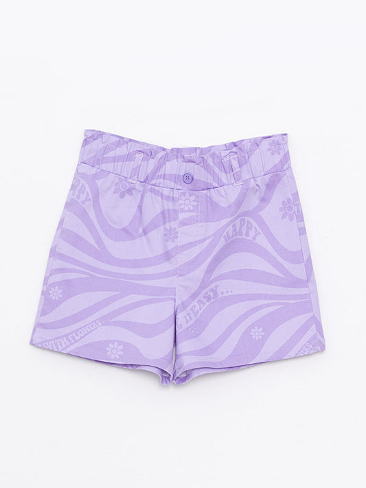 Patterned Gabardine Girl's Shorts with Elastic Waist