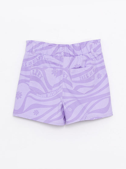 Patterned Gabardine Girl's Shorts with Elastic Waist