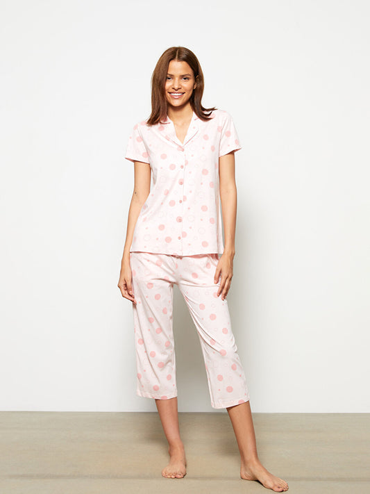 Shirt Collar Patterned Short Sleeve Cotton Women's Pajama Set