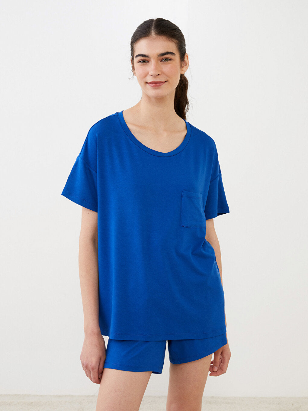 Crew Neck Plain Short Sleeve Women's Pajama Set