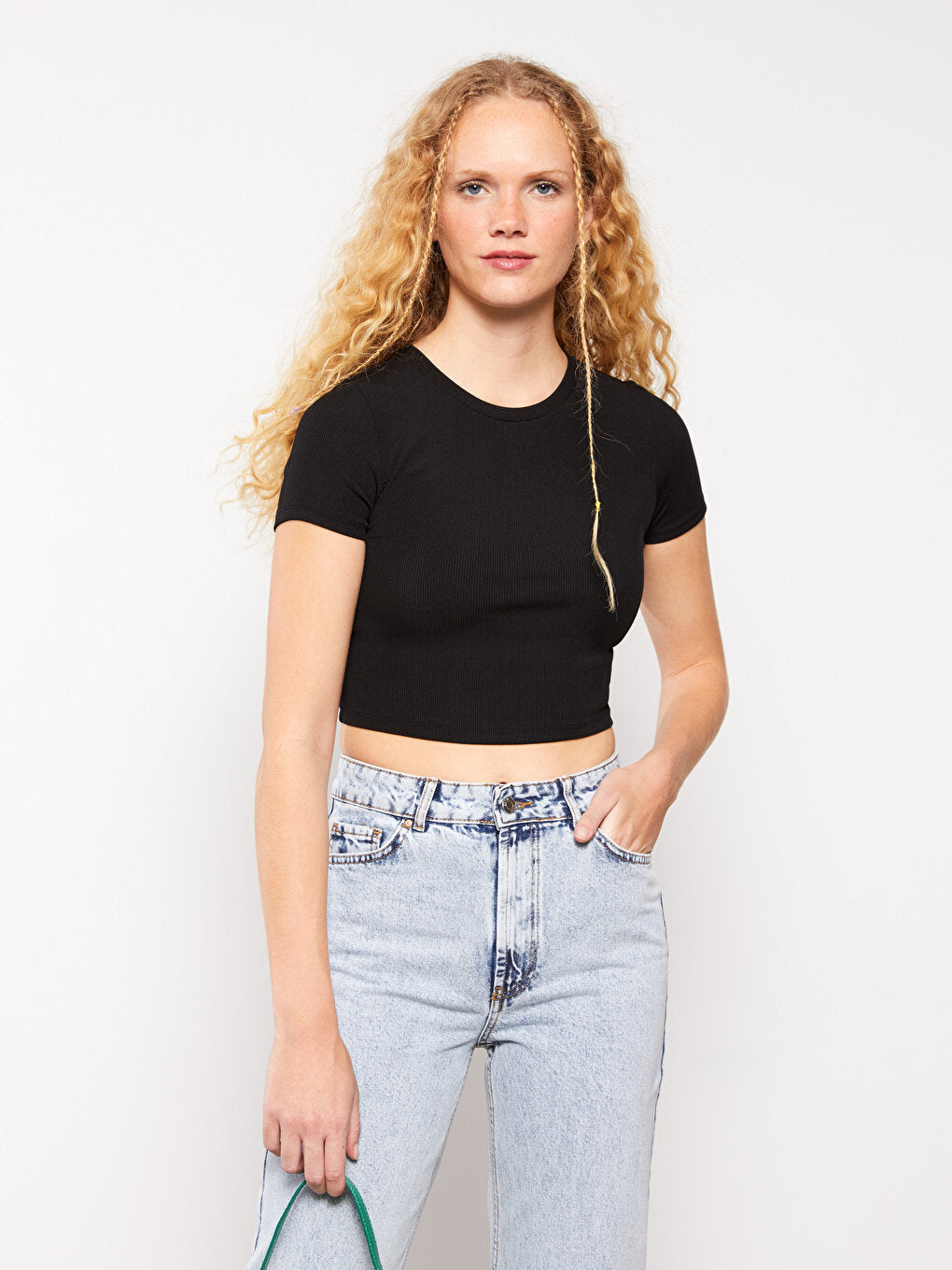 Crew Neck Plain Short Sleeve Women's Crop