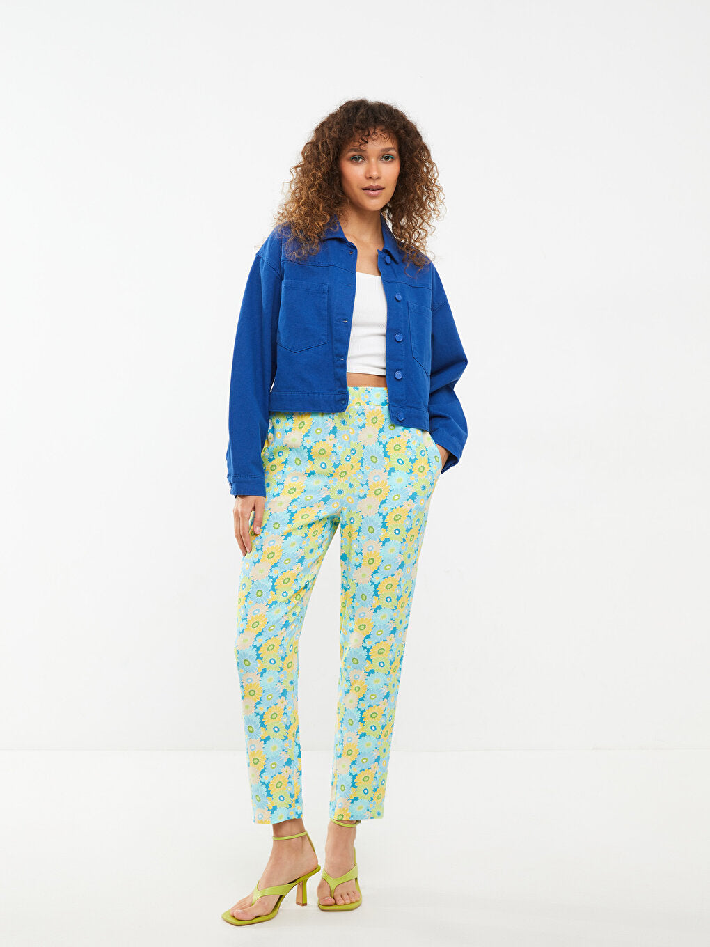 Floral Viscose Women's Trousers with Elastic Waist