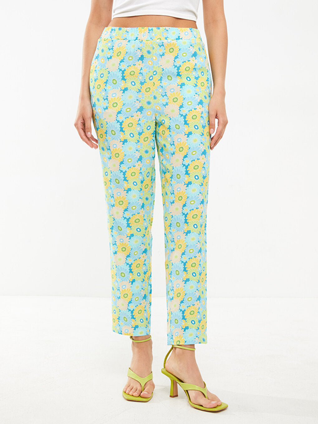 Floral Viscose Women's Trousers with Elastic Waist