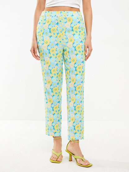 Floral Viscose Women's Trousers with Elastic Waist