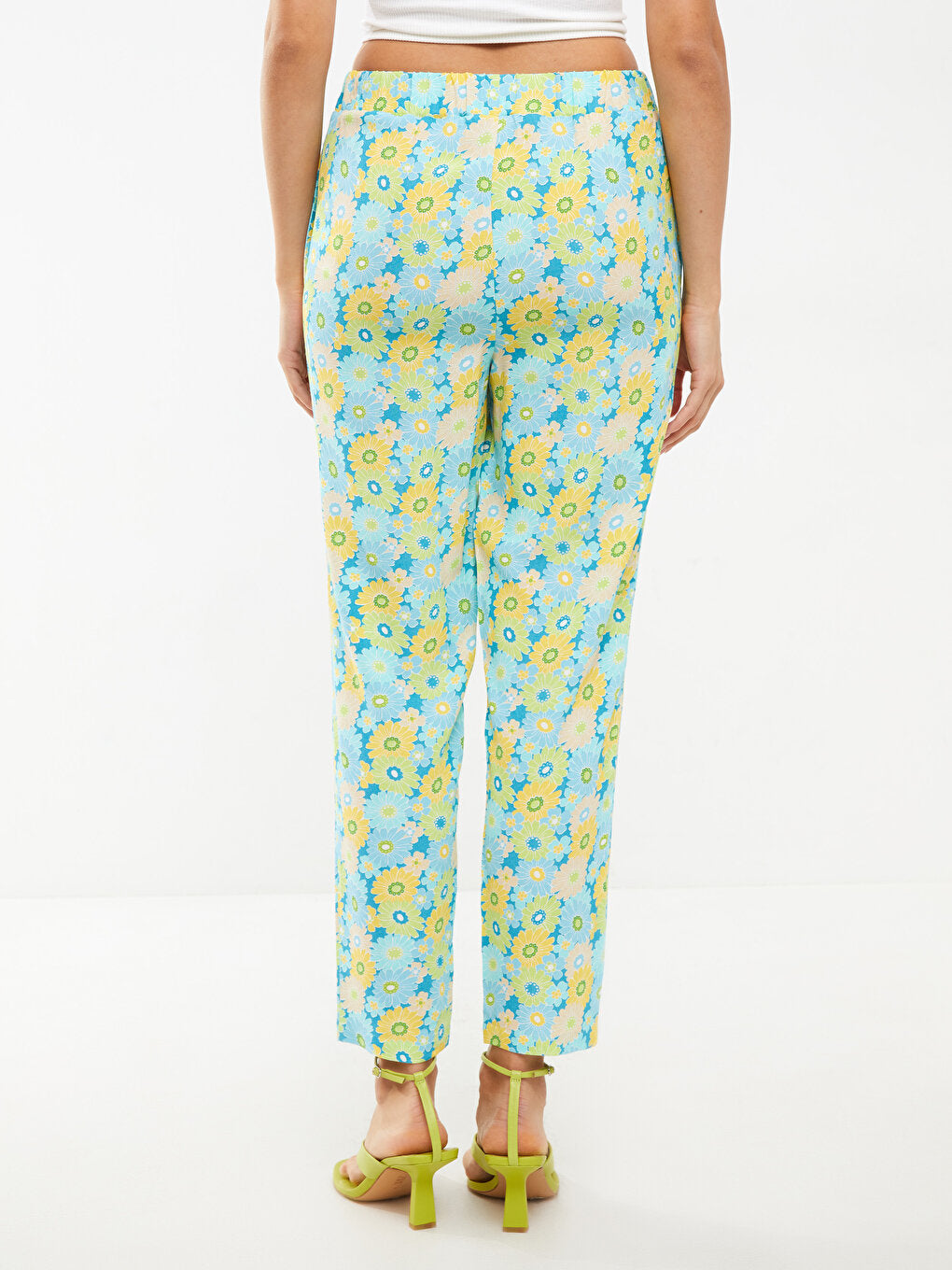 Floral Viscose Women's Trousers with Elastic Waist