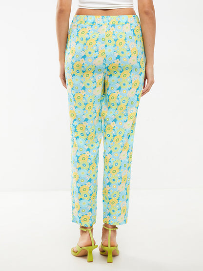 Floral Viscose Women's Trousers with Elastic Waist