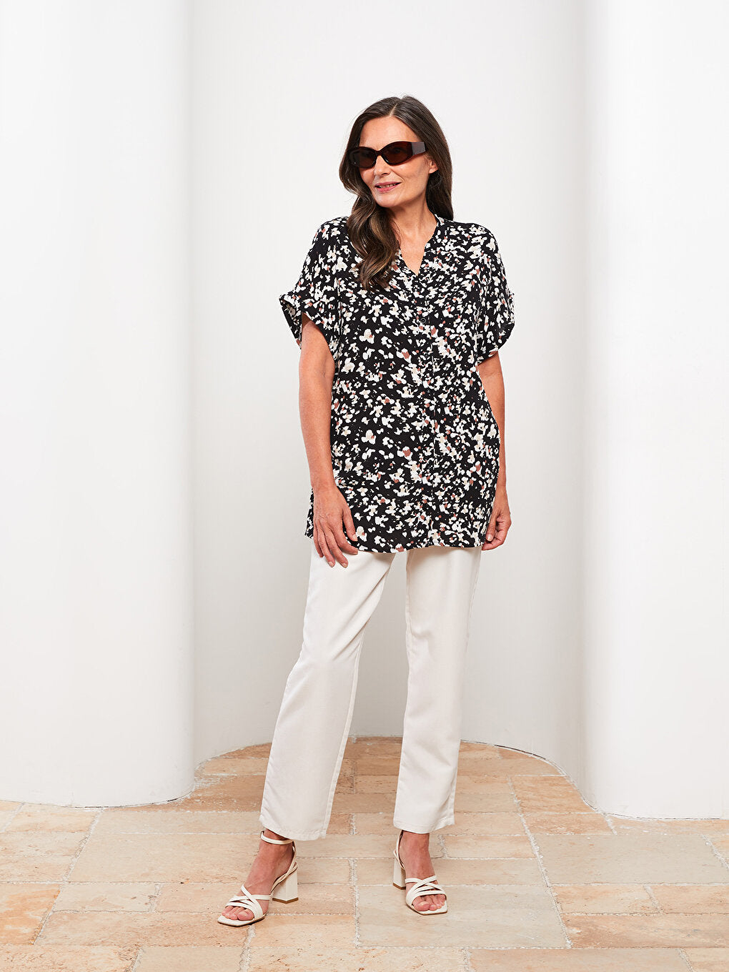 Loose Collar Patterned Short Sleeve Viscose Women's Shirt