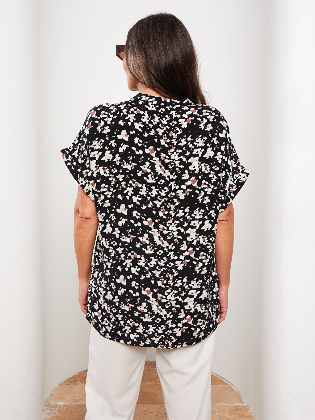 Loose Collar Patterned Short Sleeve Viscose Women's Shirt