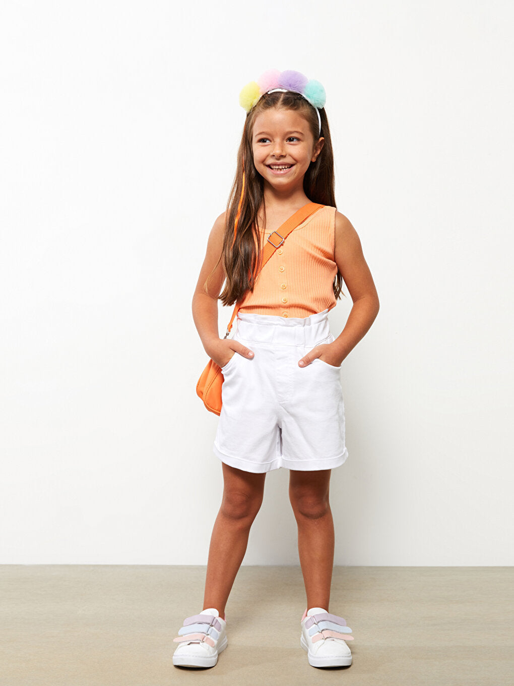 Basic Gabardine Girl's Shorts with Elastic Waist