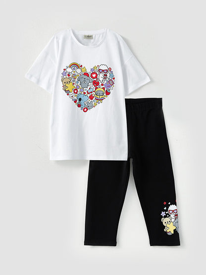 Crew Neck Printed Short Sleeve Girls' T-Shirt and Tights