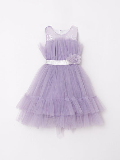 Crew Neck Tulle Detailed Girl's Dress