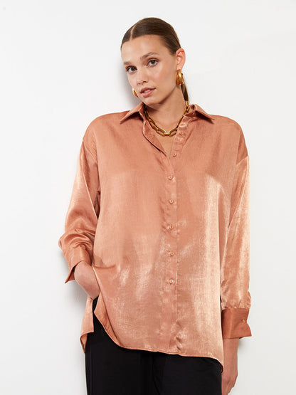 Front Button Closure Plain Long Sleeve Satin Women's Shirt