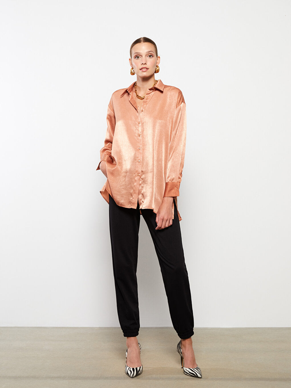 Front Button Closure Plain Long Sleeve Satin Women's Shirt