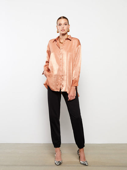 Front Button Closure Plain Long Sleeve Satin Women's Shirt