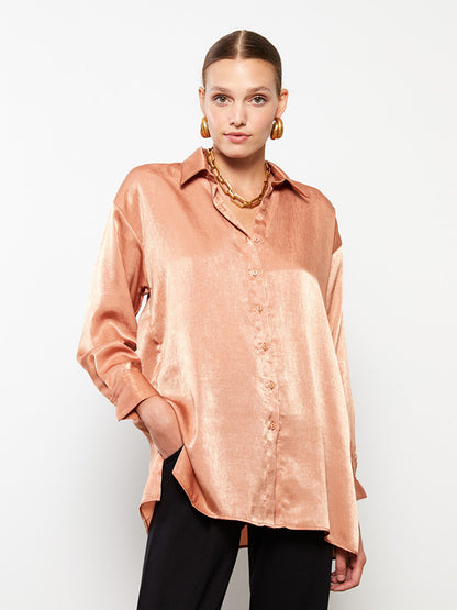 Front Button Closure Plain Long Sleeve Satin Women's Shirt