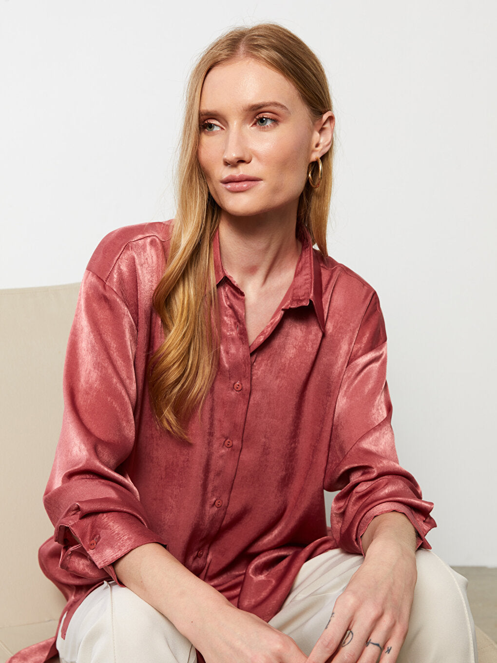 Front Button Closure Plain Long Sleeve Satin Women's Shirt