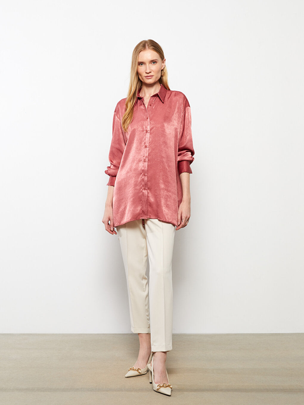 Front Button Closure Plain Long Sleeve Satin Women's Shirt