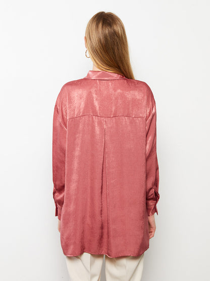 Front Button Closure Plain Long Sleeve Satin Women's Shirt