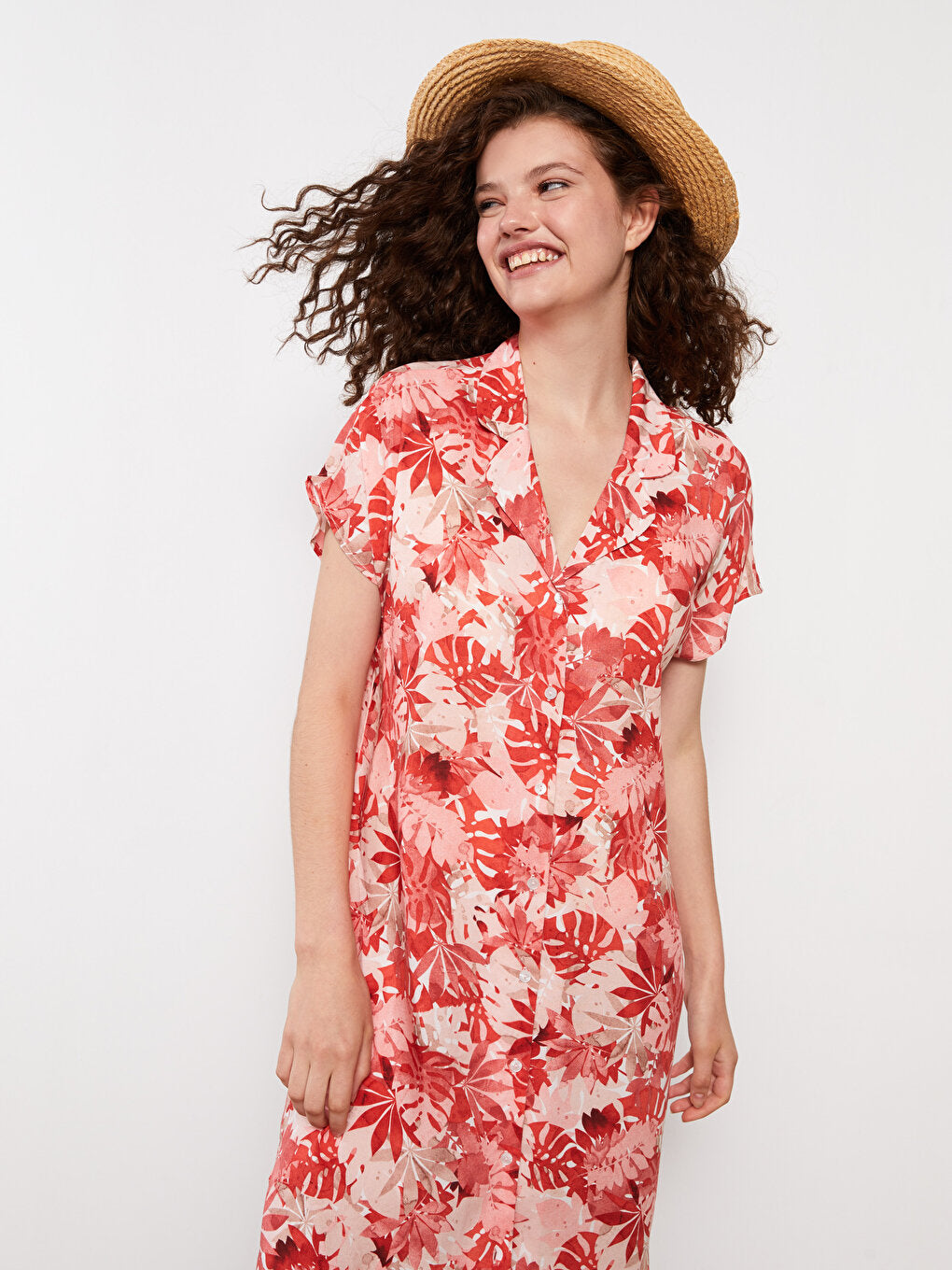 Shirt Collar Patterned Short Sleeve Viscose Women's Beach Dress