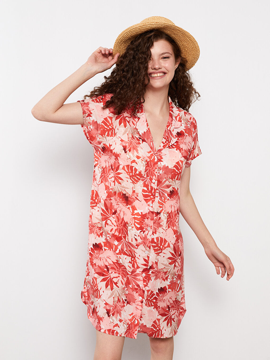 Shirt Collar Patterned Short Sleeve Viscose Women's Beach Dress