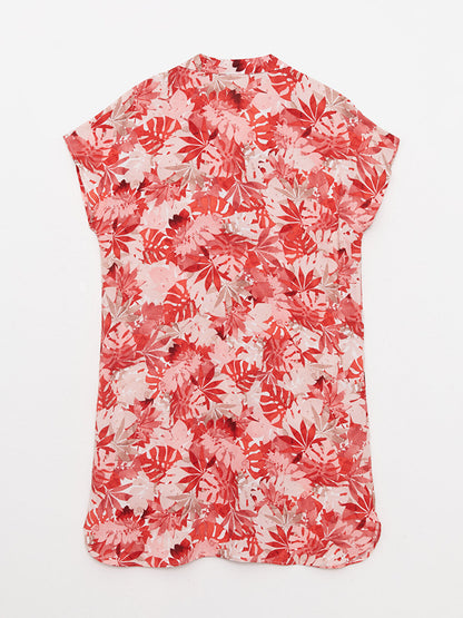 Shirt Collar Patterned Short Sleeve Viscose Women's Beach Dress