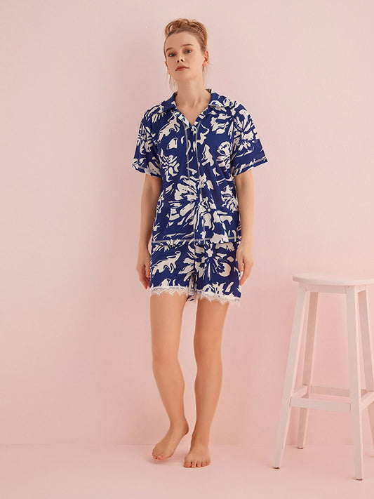 Shirt Collar Patterned Short Sleeve Women's Pajama Set