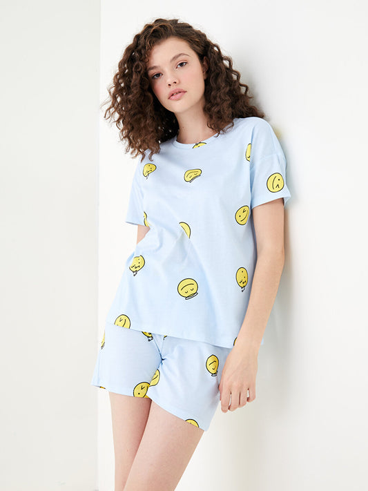 Crew Neck Printed Short Sleeve Cotton Women's Pajama Set