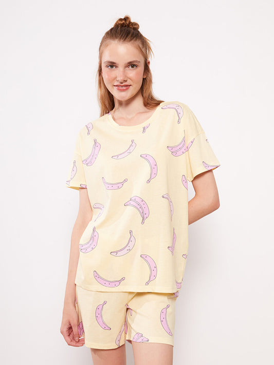 Crew Neck Printed Short Sleeve Cotton Women's Pajama Set