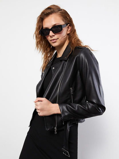 Women's Biker Collar Plain Leather Look Coat