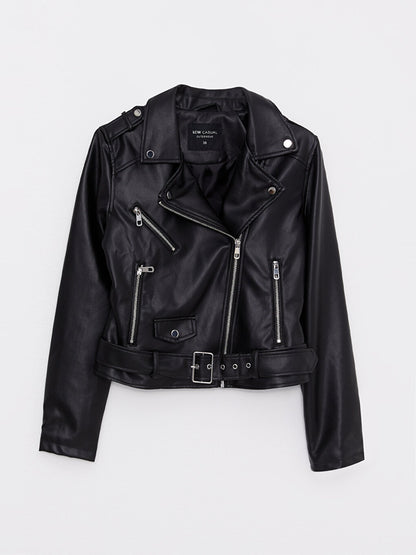 Women's Biker Collar Plain Leather Look Coat