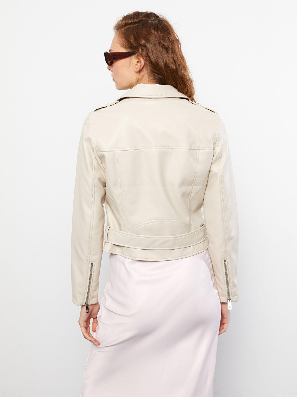 Women's Biker Collar Plain Leather Look Coat