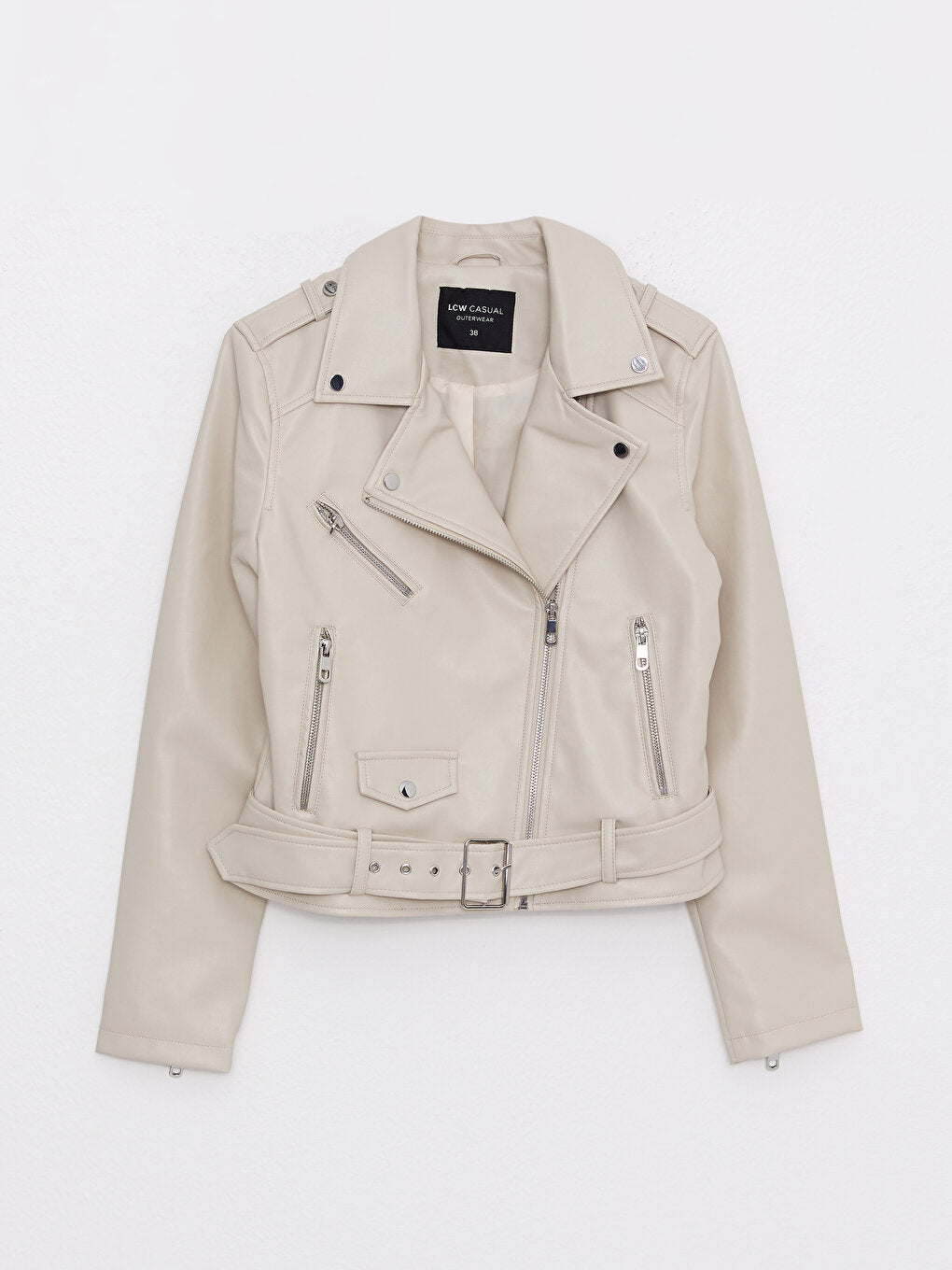 Women's Biker Collar Plain Leather Look Coat