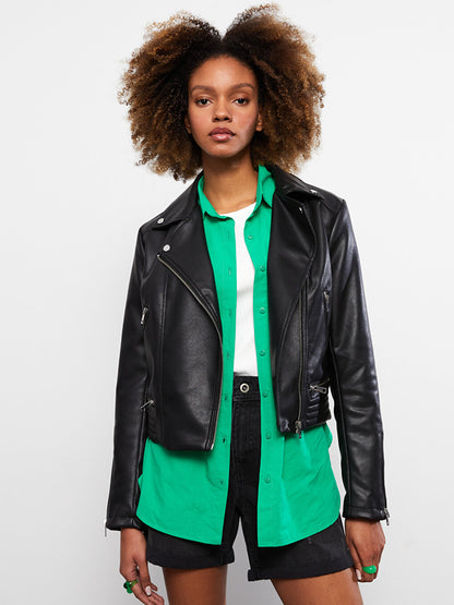 Women's Biker Collar Plain Leather Look Coat