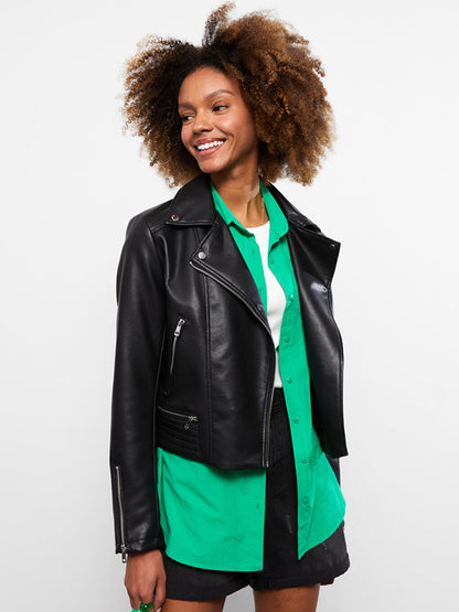 Women's Biker Collar Plain Leather Look Coat