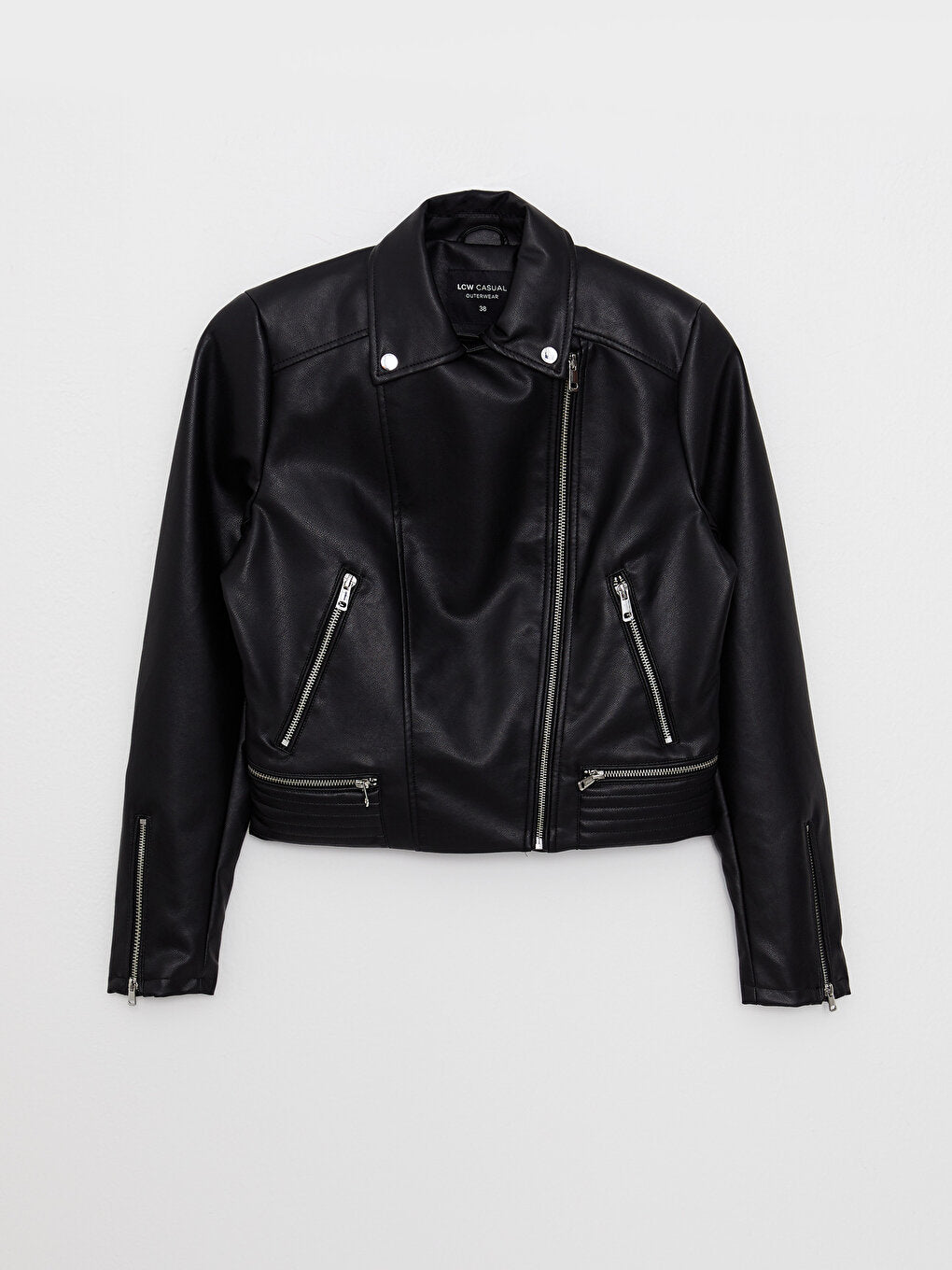 Women's Biker Collar Plain Leather Look Coat