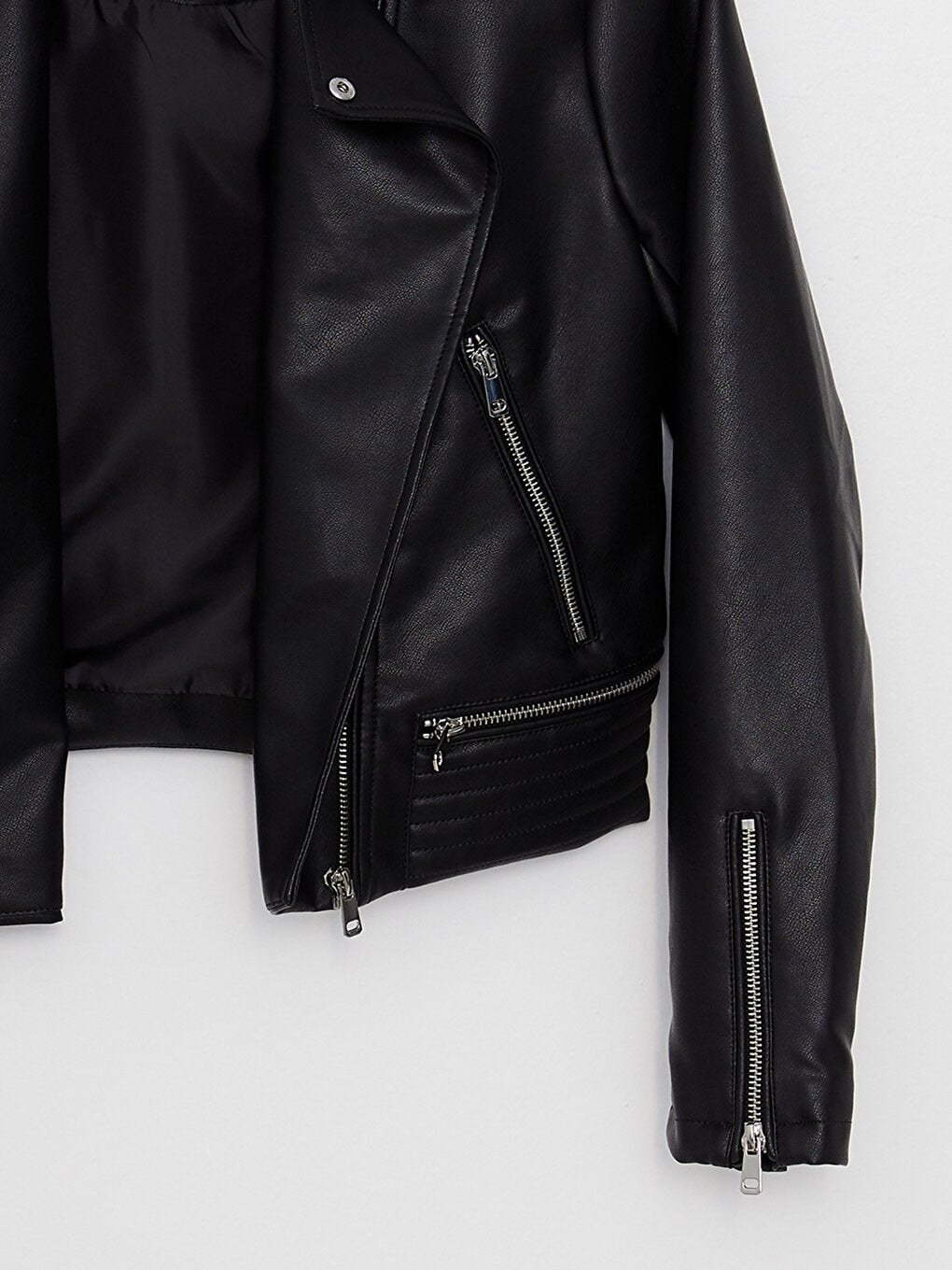 Women's Biker Collar Plain Leather Look Coat