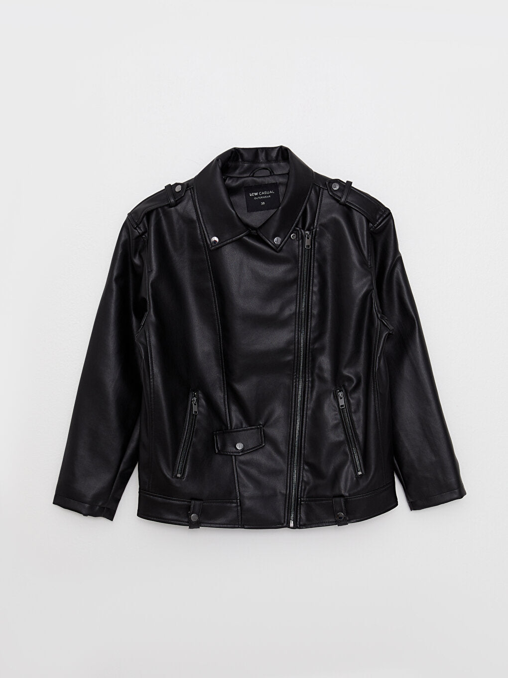 Women's Biker Collar Plain Leather Look Coat