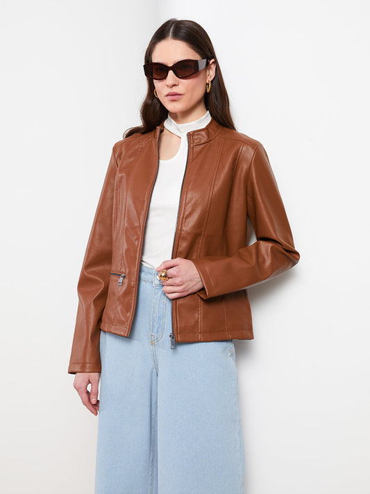 High Collar Plain Long Sleeve Women's Leather Look Coat