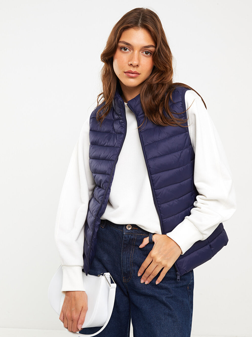 Women's High Collar Plain Puffer Vest